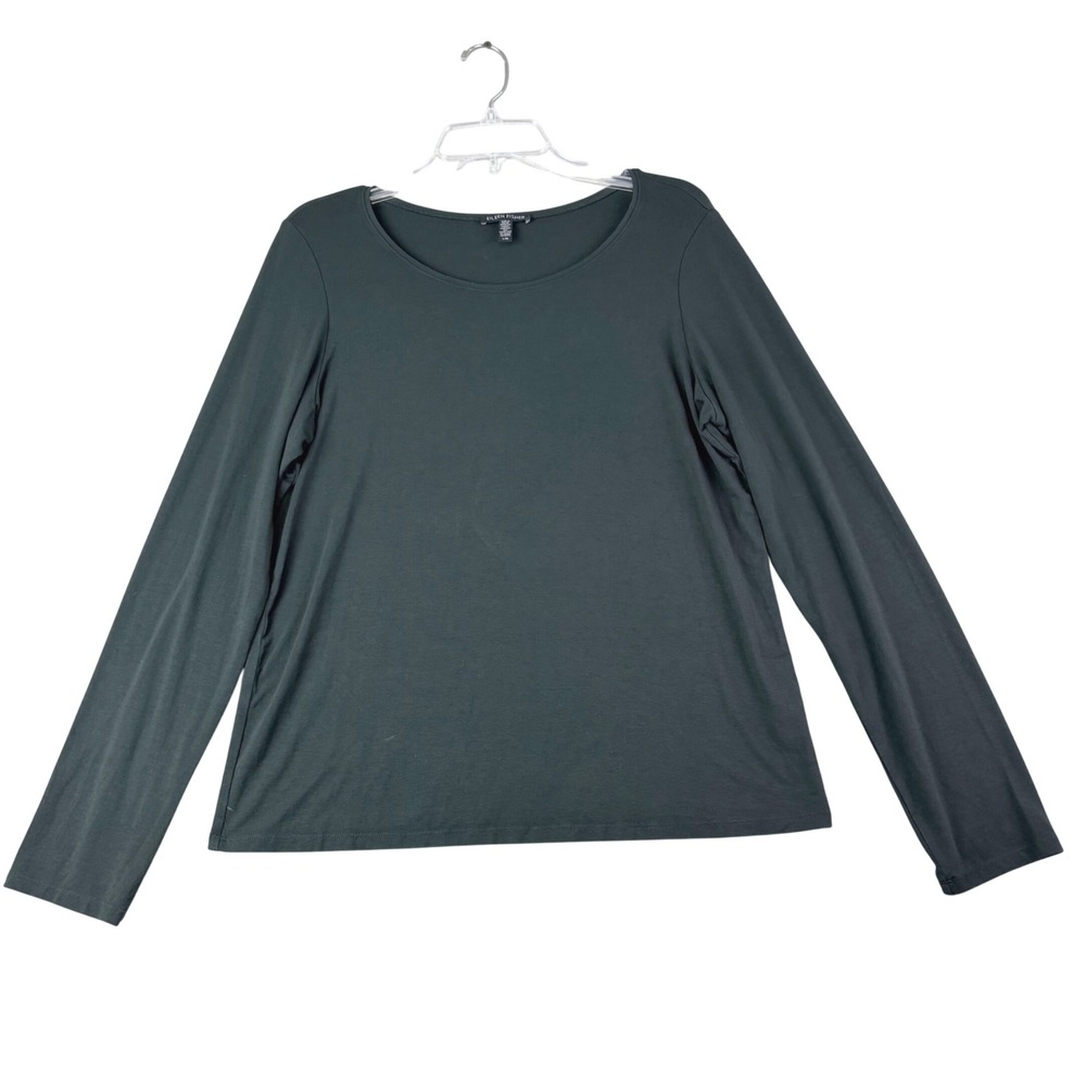 Eileen Fisher L Dark Green Knit Top Long Sleeve Scoop Neck Viscose Jersey Casual